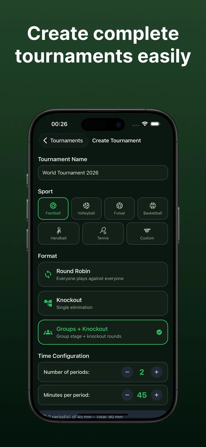 Criação de torneio com esporte, formato e tempo
